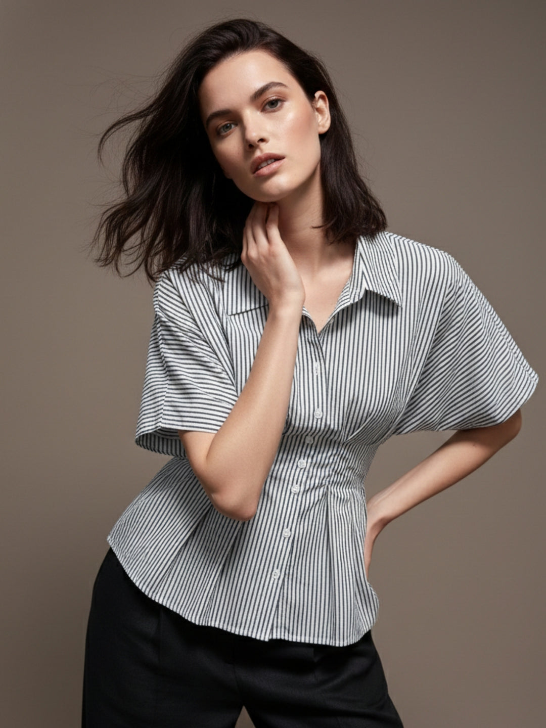 Blue Short Sleeve Waist Fitted Shirt