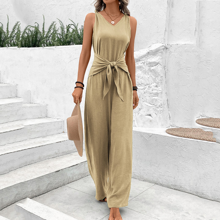 Beige Sleeveless Jumpsuit With Front Tie Up