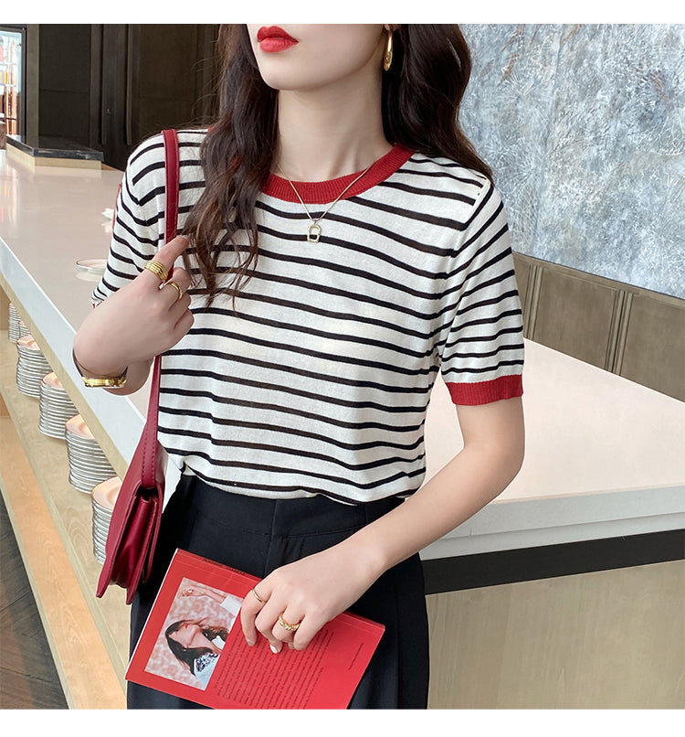 Black Contrast Hem Striped Top