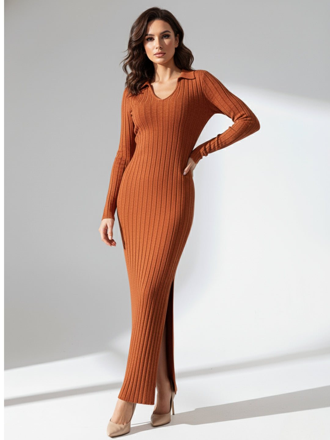 Rust Collared Wide Spaced Rib Dress