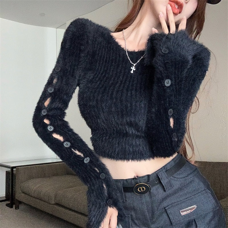 Black Fuzzy Knit Top