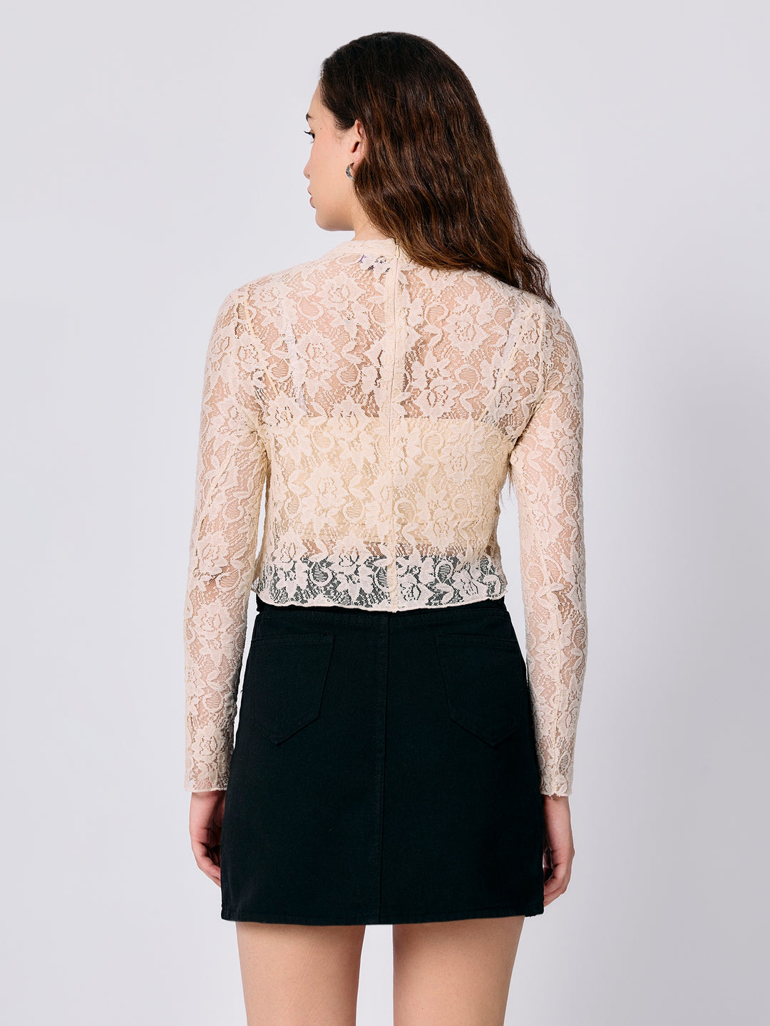 Beige Full Sleeve Fitted Lace Crop Top