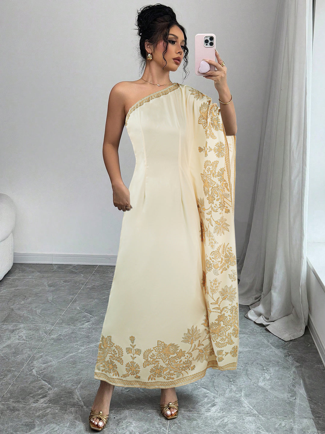 Cream One Shoulder Straight Fit Dress