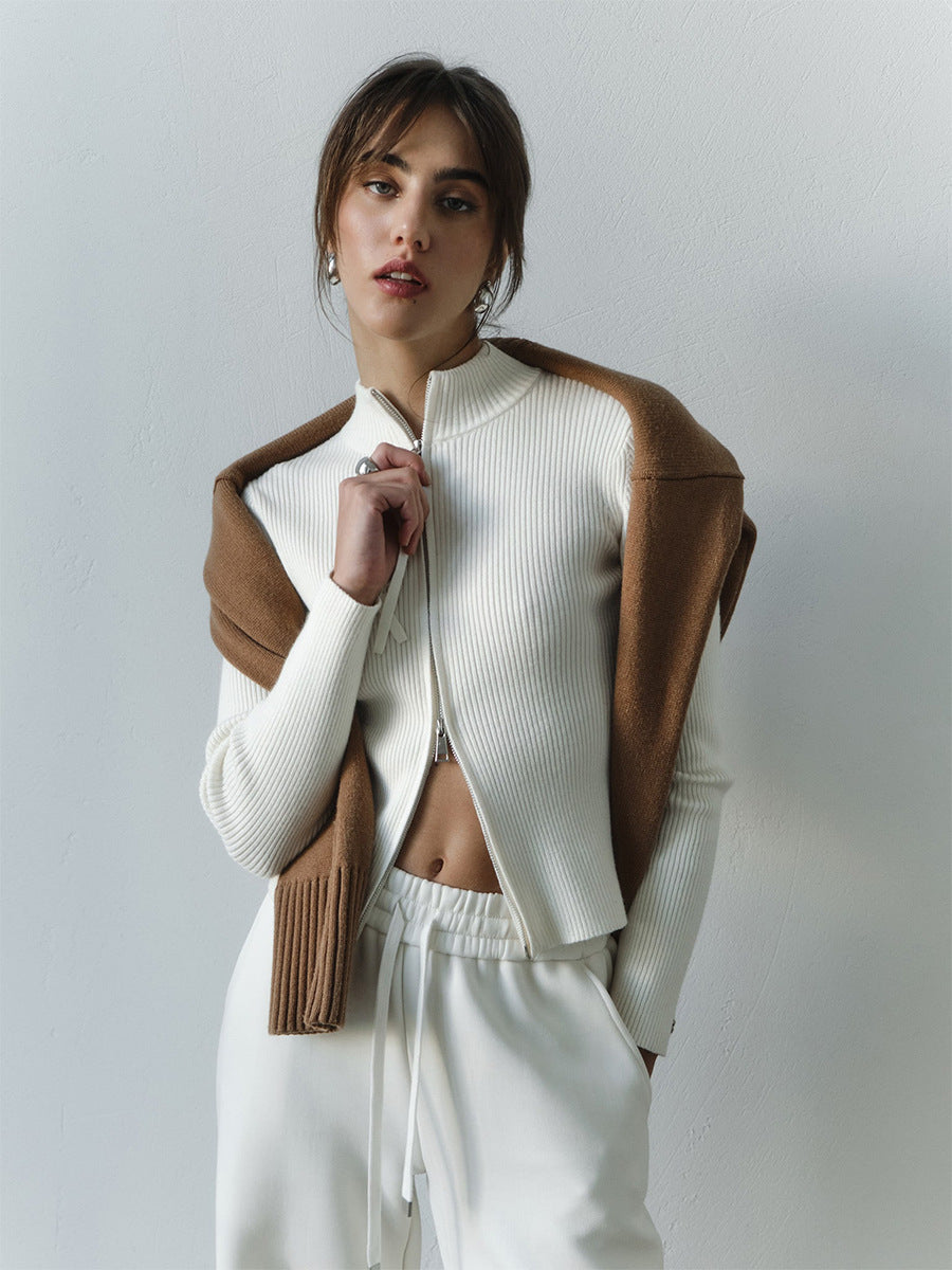 White Dual Zipper Solid Sweater