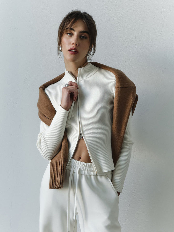 White Dual Zipper Solid Sweater