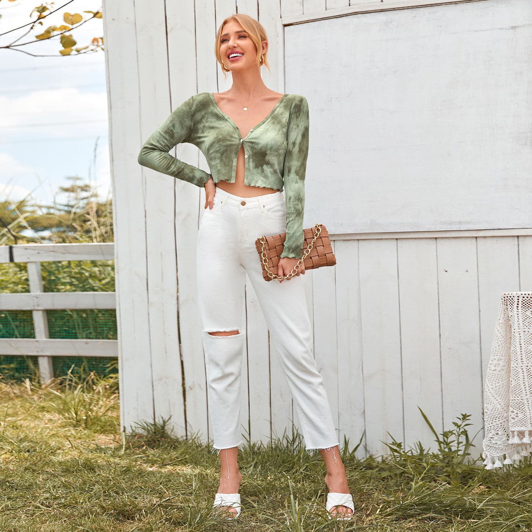 Green Tie Die Full Sleeve Front Button Top