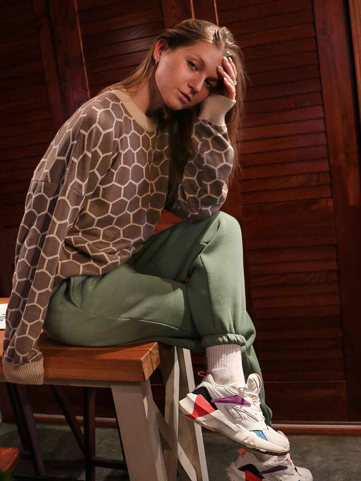 Brown Oversized Honey Comb Printed Sweater