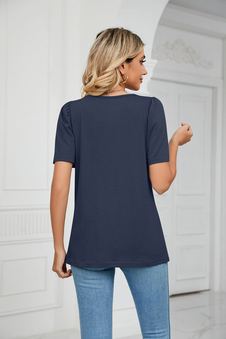 Navy Blue Short Sleeve Square Neck Top