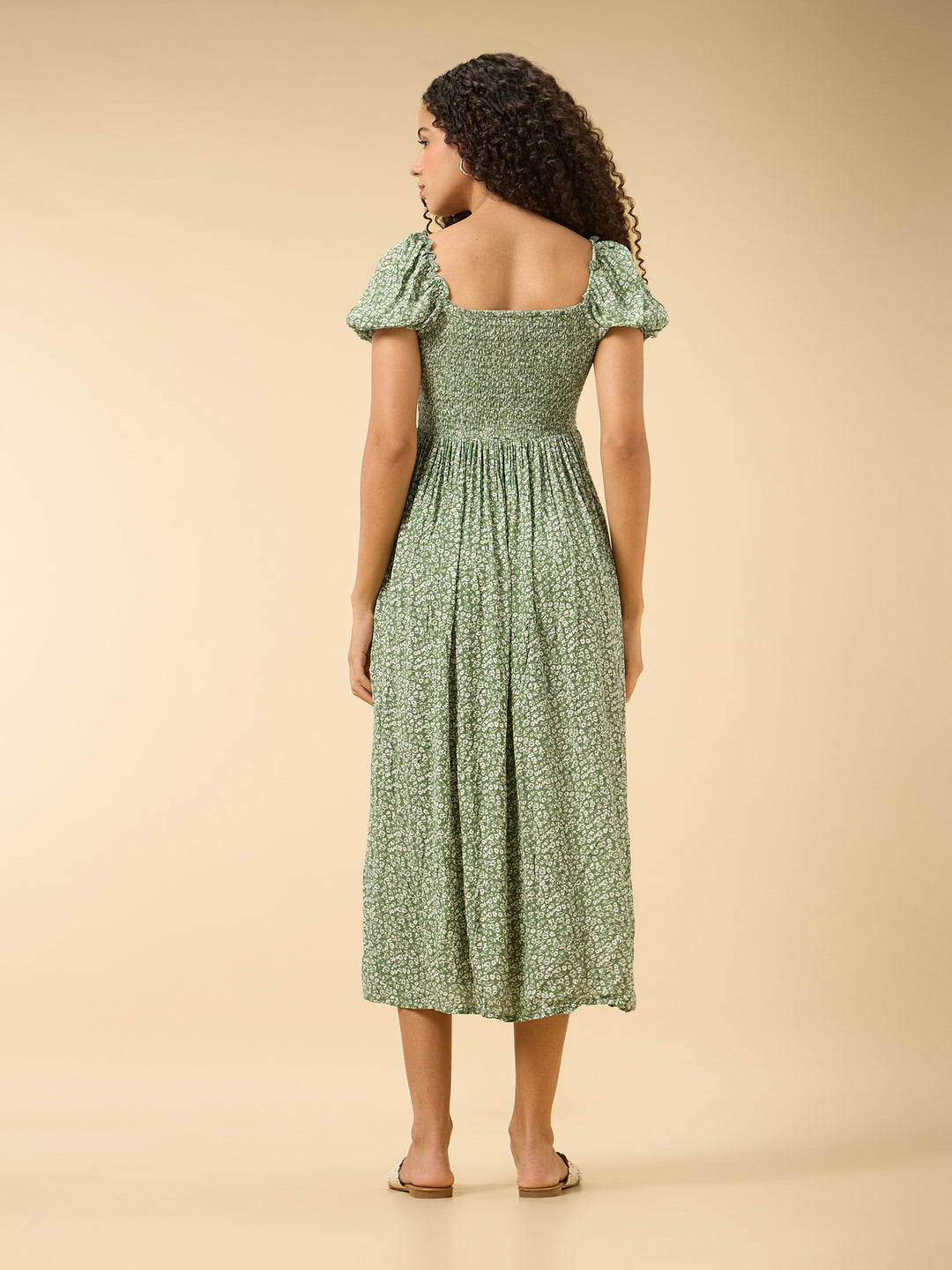 Green A-Line Midi Dress With Smocking And Slit Detail
