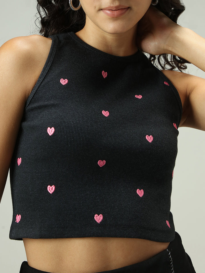 Grey Heart Embroidered Tank Top