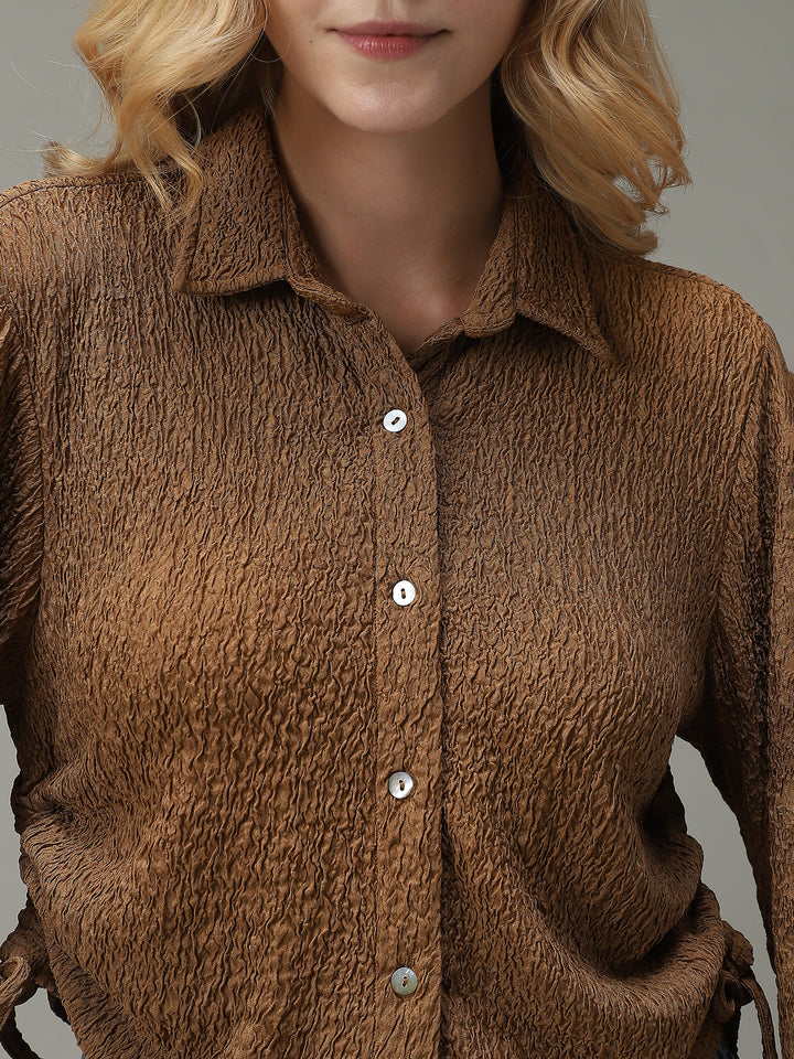 Brown Textured Crop Shirt