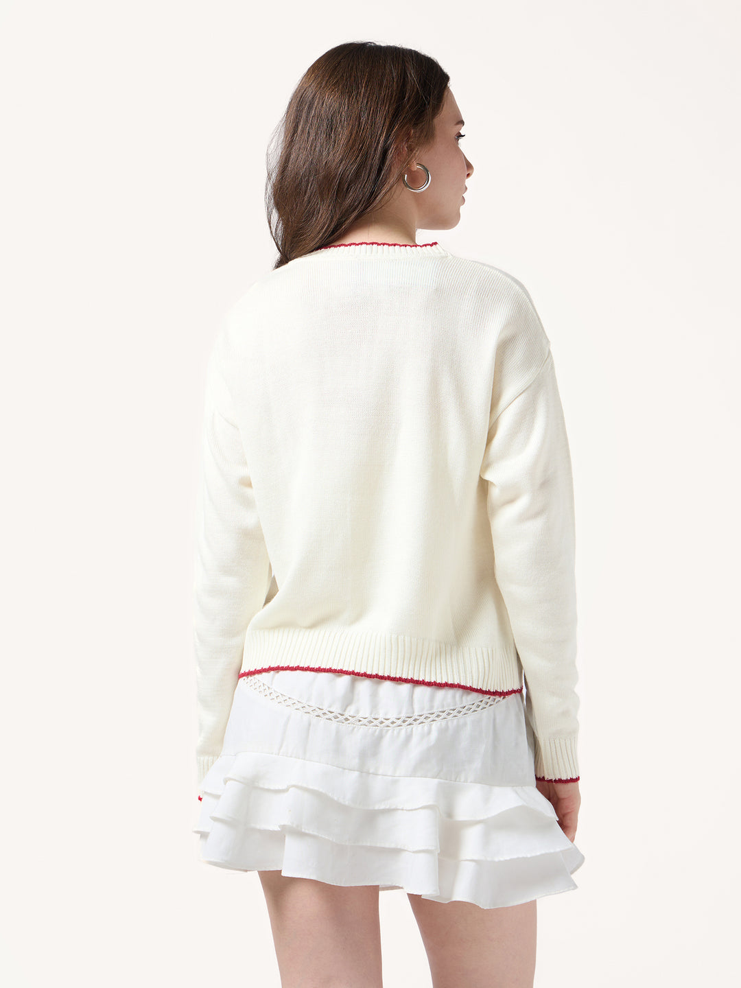 White Contrast Stitch Hem And Neck With Graphic Sweater