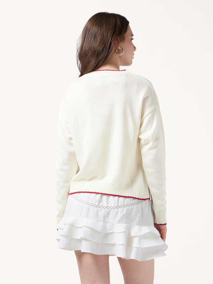 White Contrast Stitch Hem And Neck With Graphic Sweater