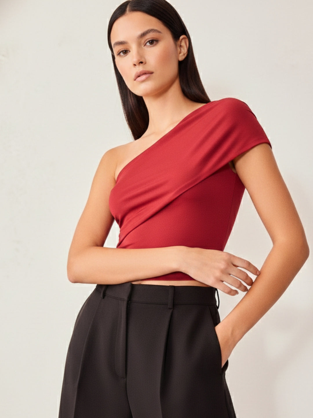 Red Textured One Shoulder Knit Top