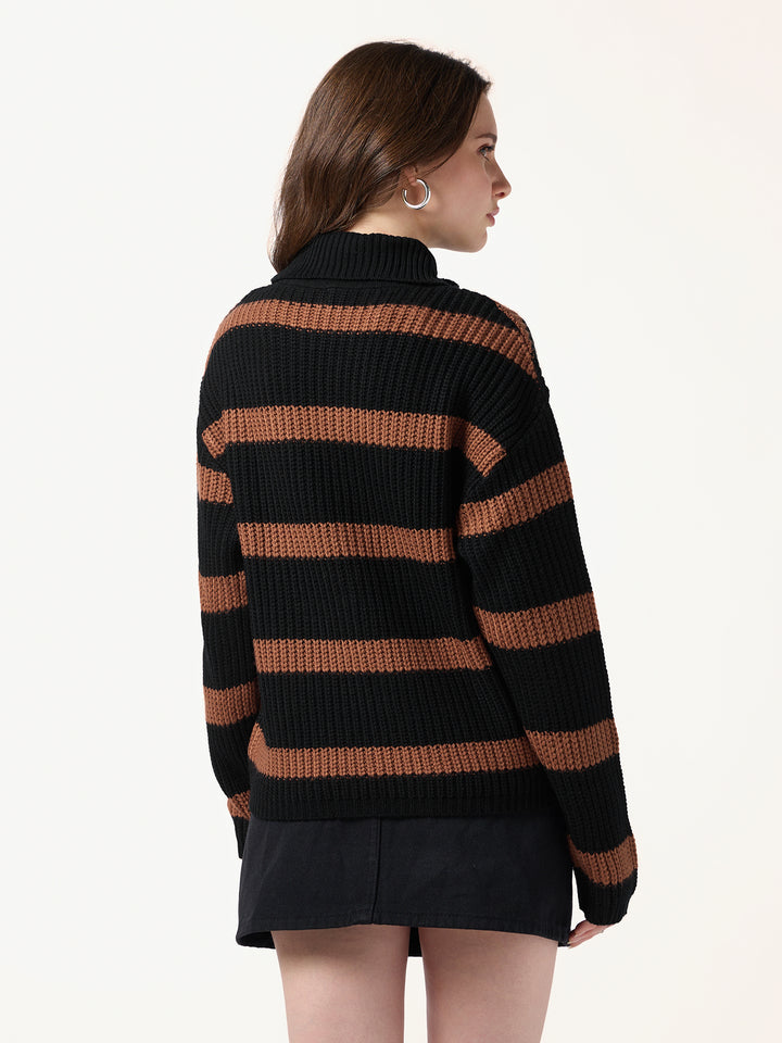 Black High Neck Striper Sweater