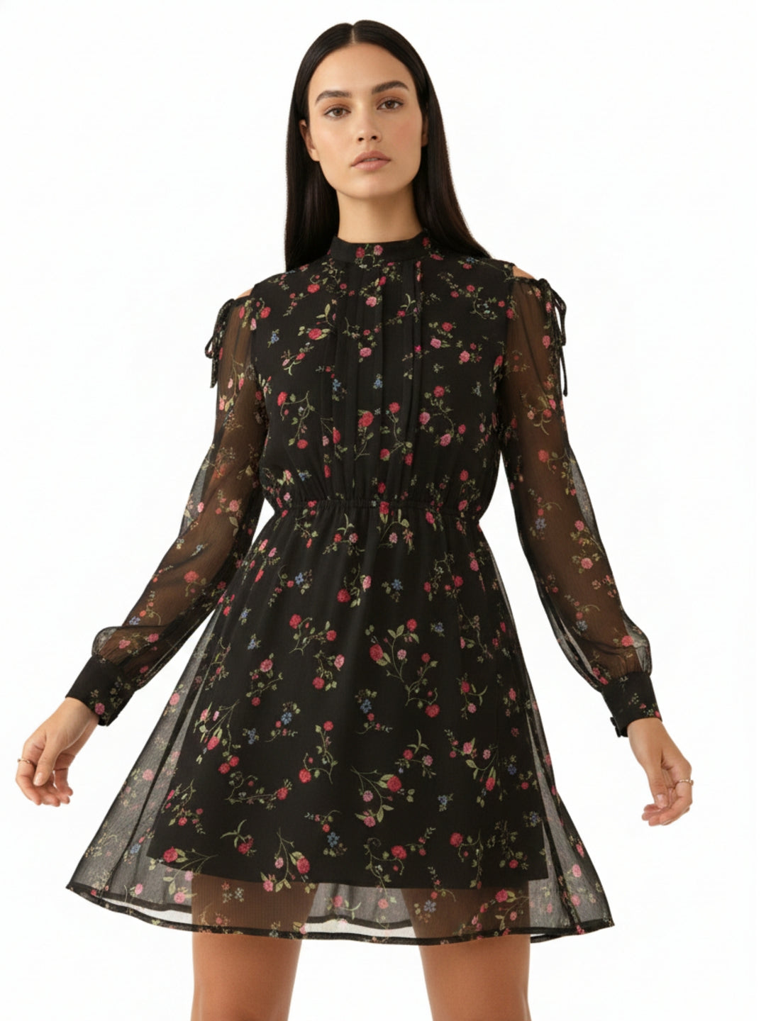Black Floral Sheer Fit & Flare Mini Dress