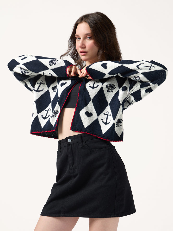 Navy Blue Graphic Tie Up Cardigan