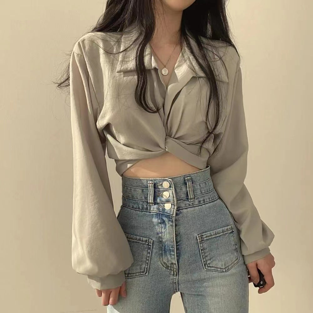 Grey Knotted Puff Sleeved Shirt
