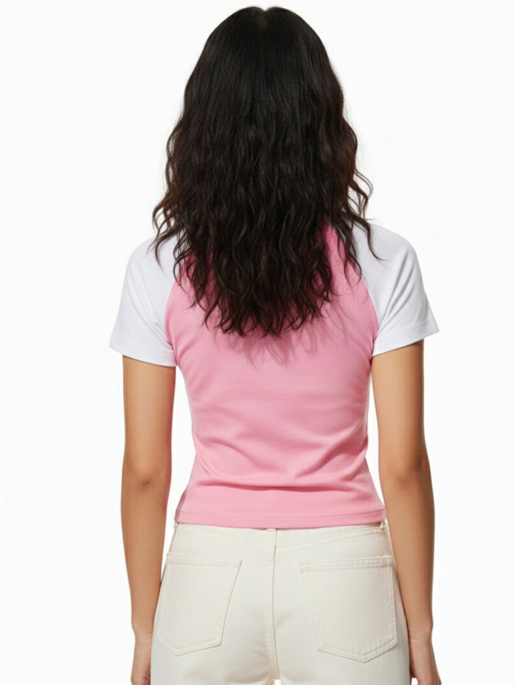 Pink Raglan Cropped Top With Graphic Print