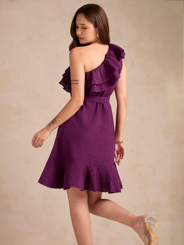 Purple Soft Ruffle One Shoulder Dress