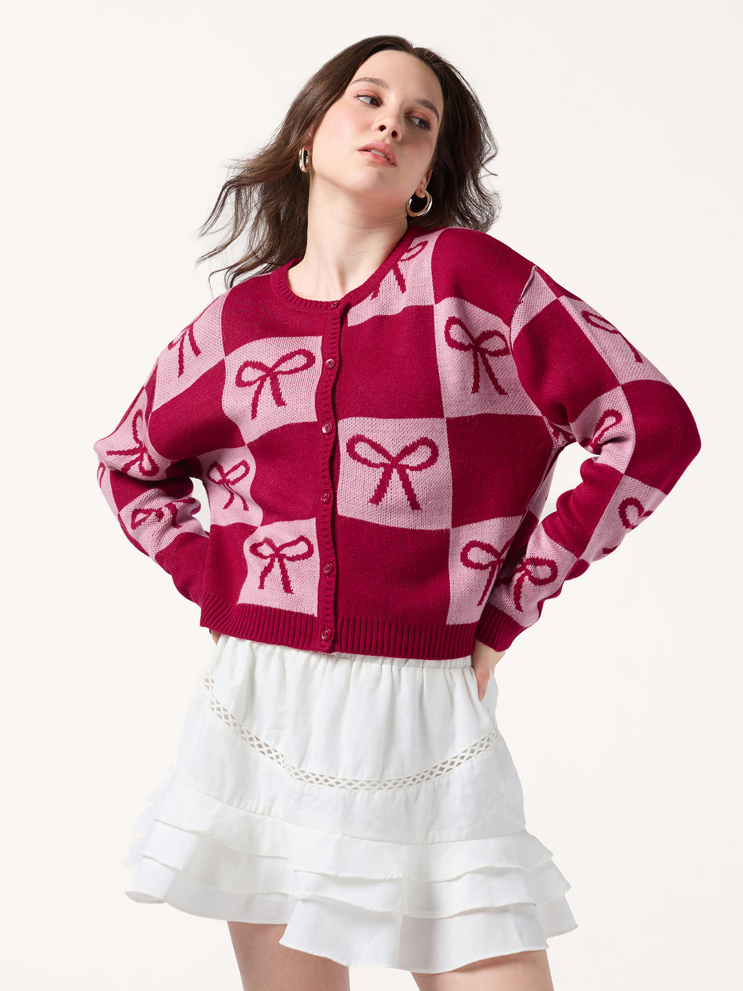 Red Colour Blocked Check With Graphic Bows Cardigan