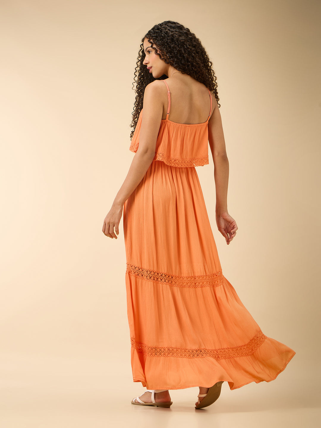 Orange Noodle Strap Tired Dress