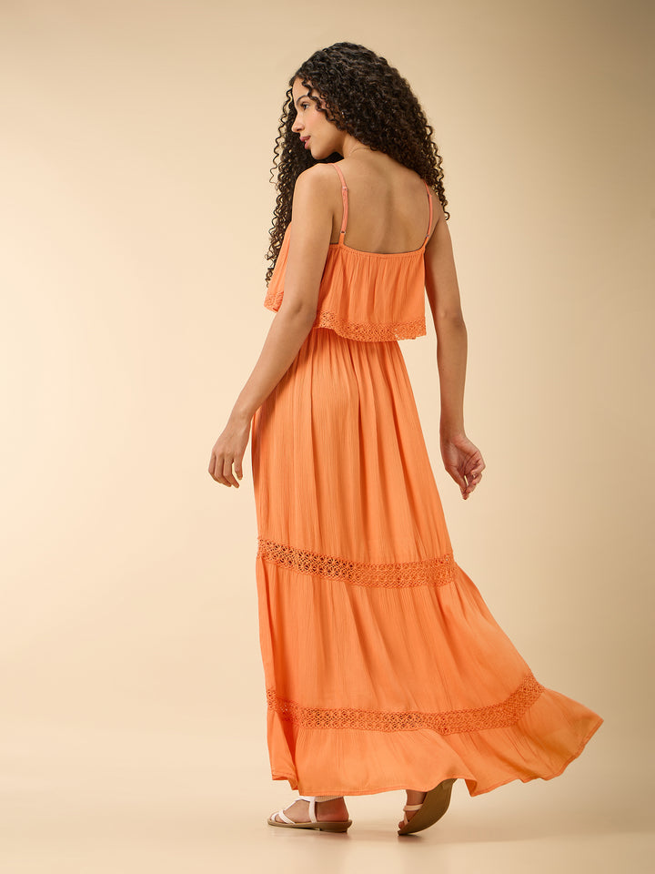 Orange Noodle Strap Tired Dress