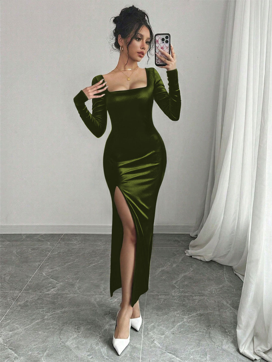 Olive Full Sleeve Square Neck Side Slit Dress