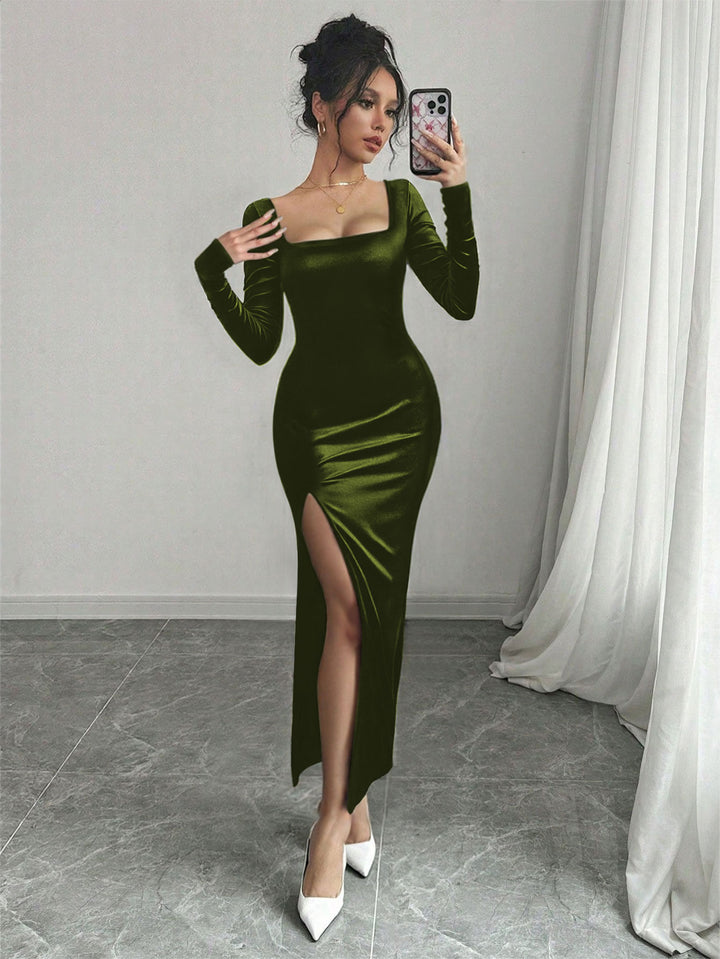 Olive Full Sleeve Square Neck Side Slit Dress