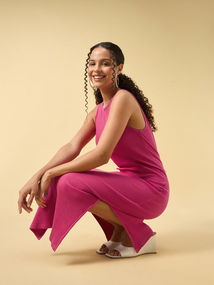 Pink Solid Slitted Bodycon Dress