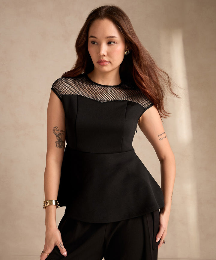 Black Studded Mesh Peplum Top