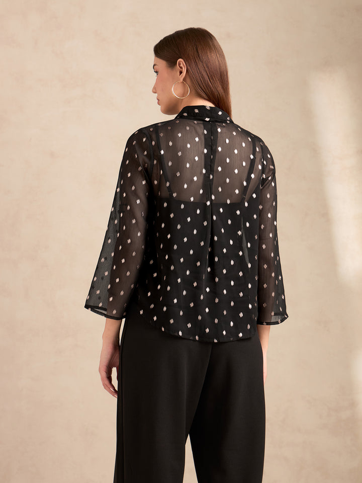Black Printed Lapel Collar Blouse With Drastring Waist Detail