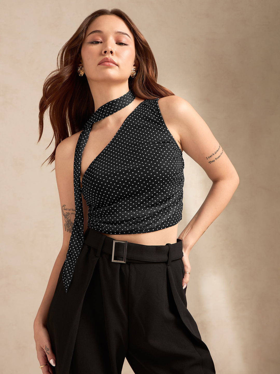 Black Polka Dot One Shoulder Top