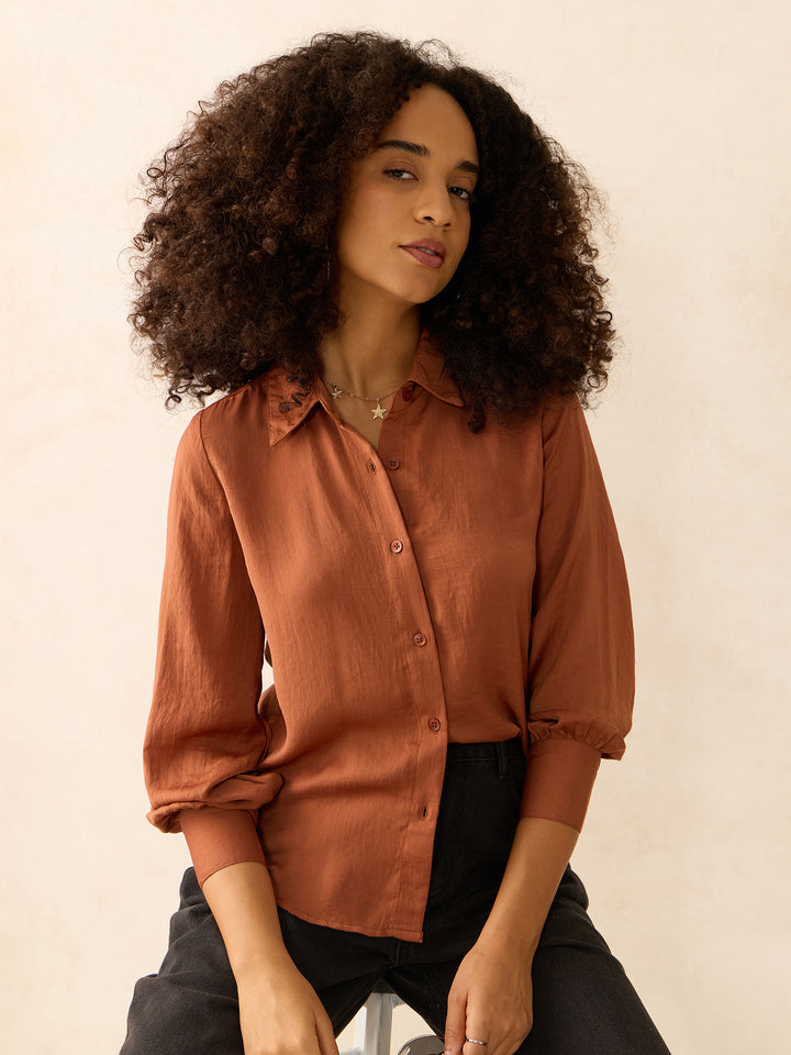 Brown Relaxed Fit Satin Shirt