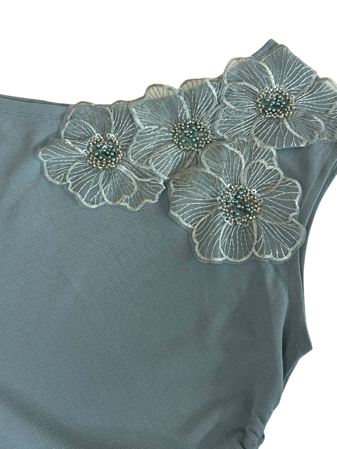 Teal Off-Shoulder Floral Embellishments Top