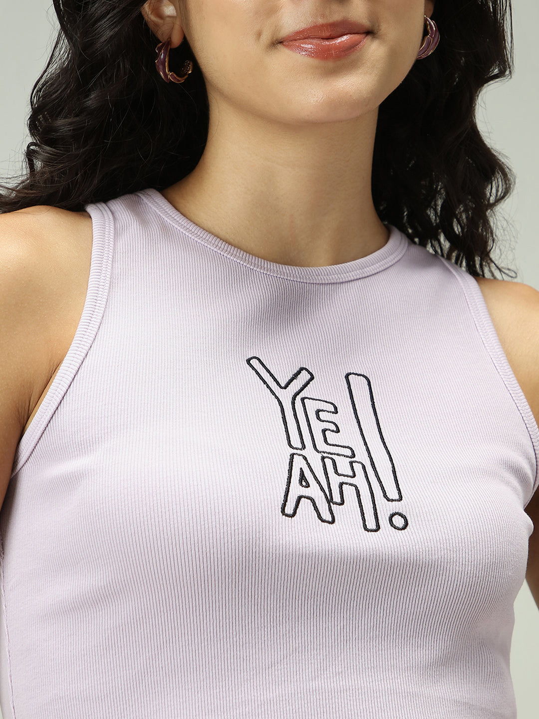 Beige Solid Embroidered Tank Top