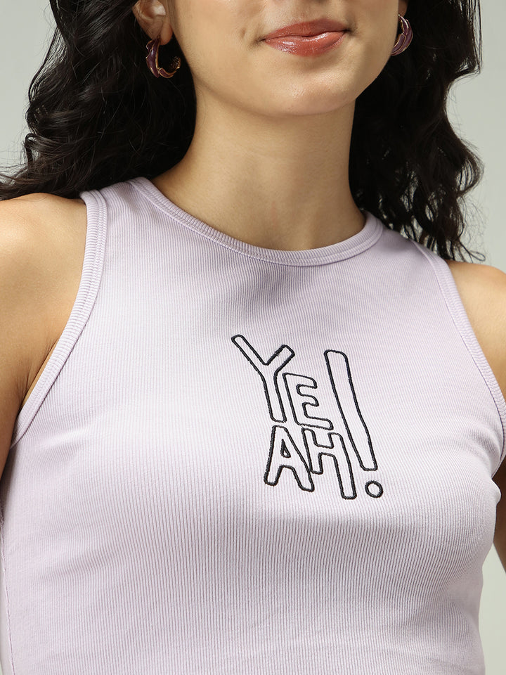 Beige Solid Embroidered Tank Top