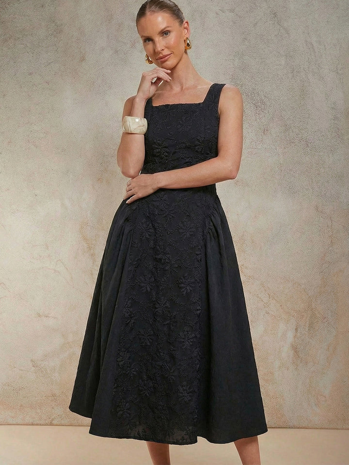 Black Square Neck Cinched Waist Dress