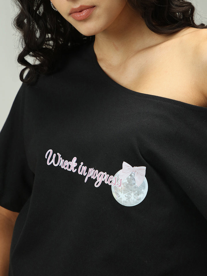 Black One Shoulder Graphic T-Shirt