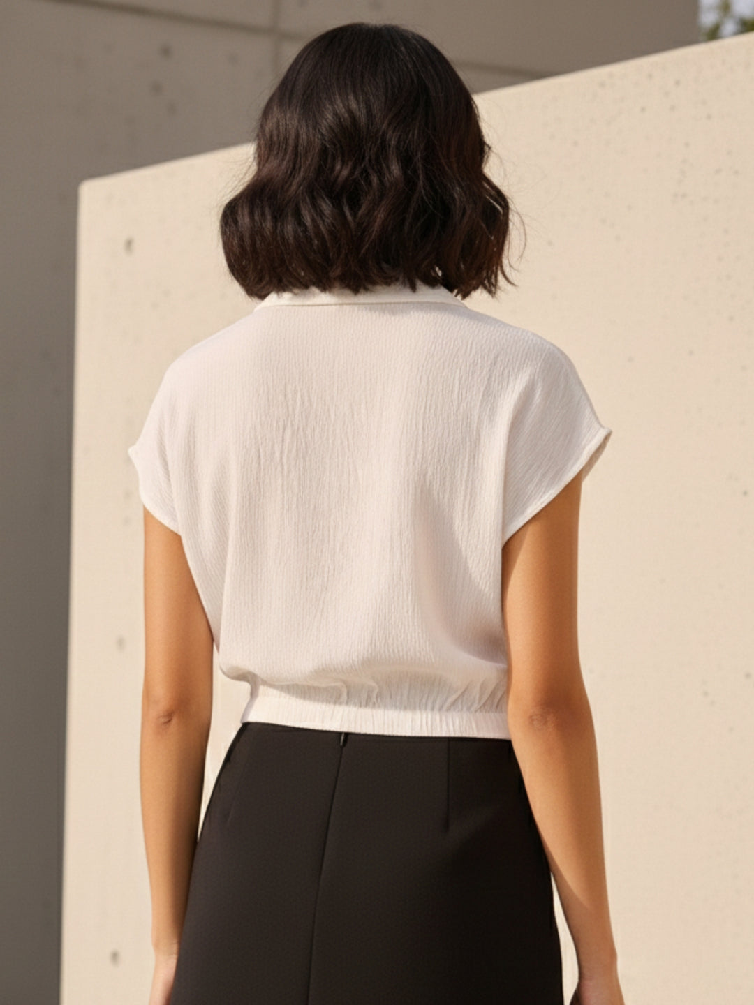 White Cropped Boxy Shirt With Waist Elastic