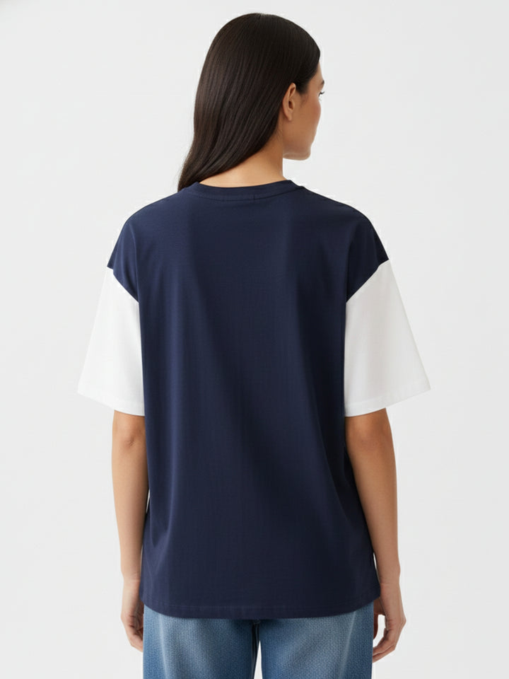 Navy Blue Oversized T-Shirt With Graphic And Cut & Sew Highlights