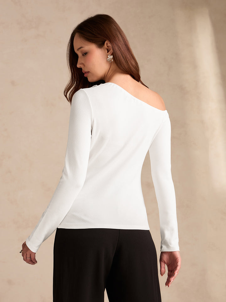 White Off-Shoulder Top With Floral Embellishments