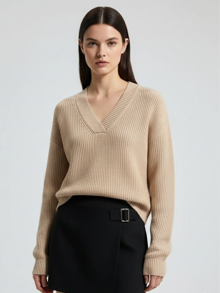 Taupe Full Sleeve V Neck Sweater
