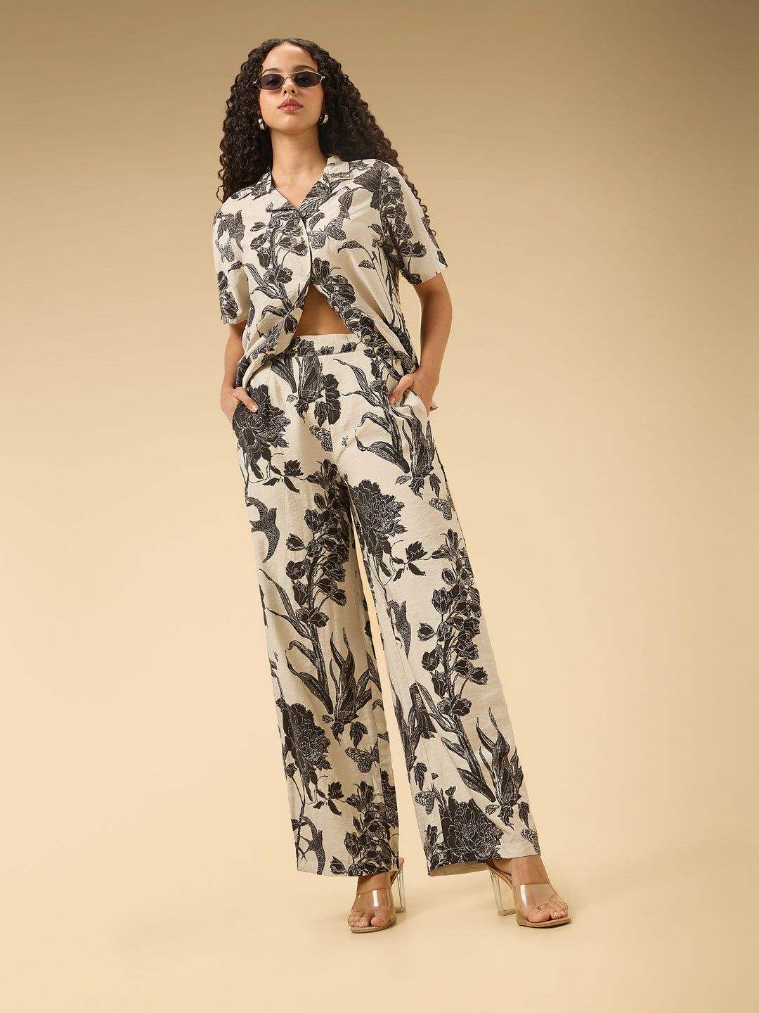 Off White Floral Printed Top And Pants Co-Ord Set
