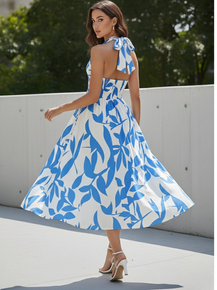 Blue Halter Neck Printed Flared Dress