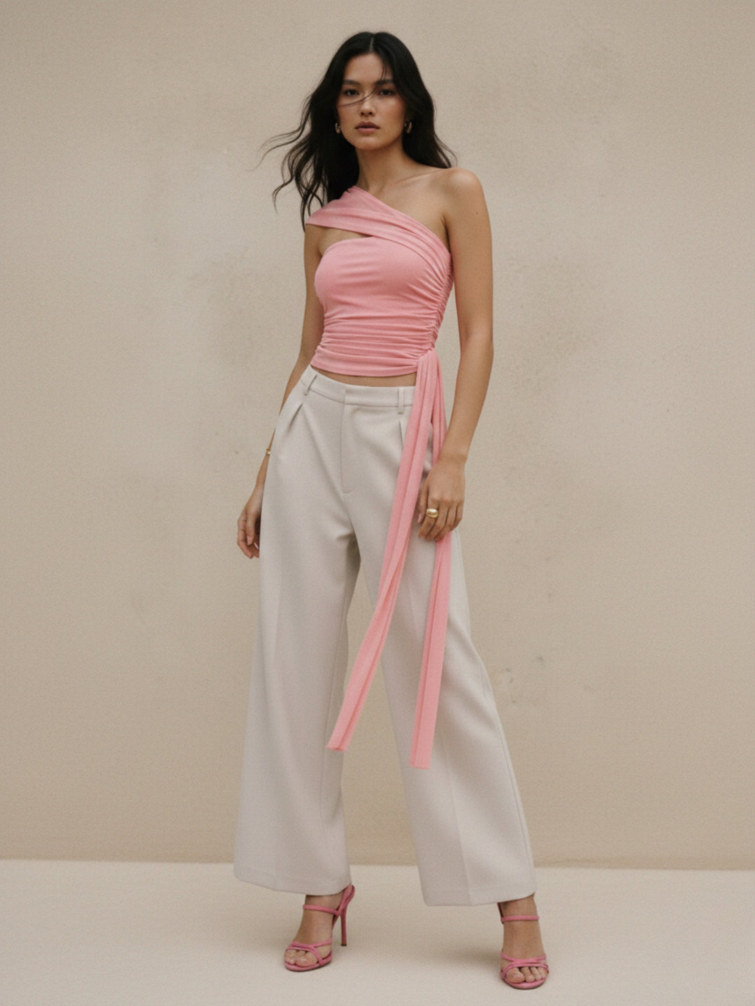 Pink One Shoulder Waist Tie-Up Top