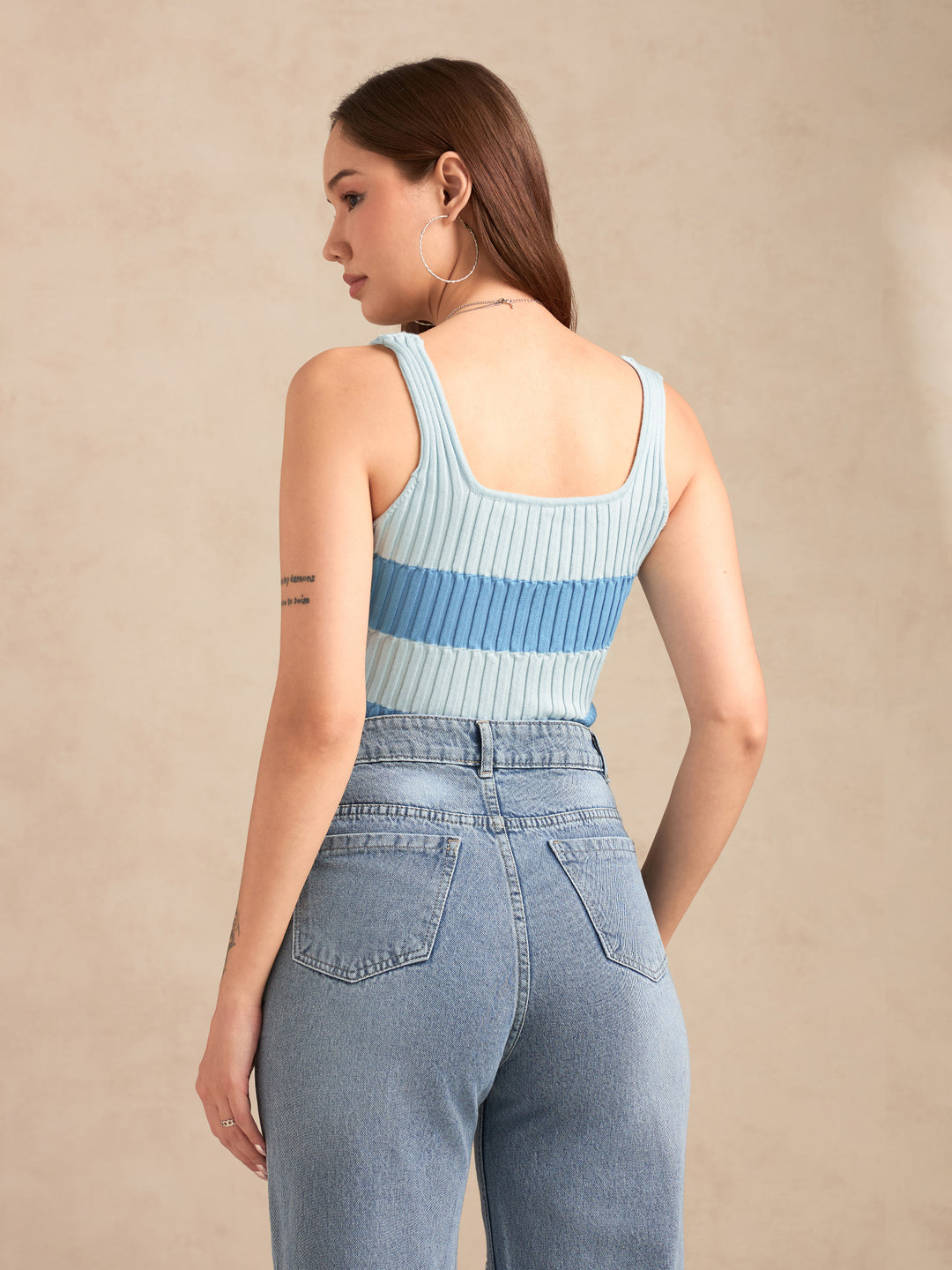 Blue Square Neck Flat Knit Tank