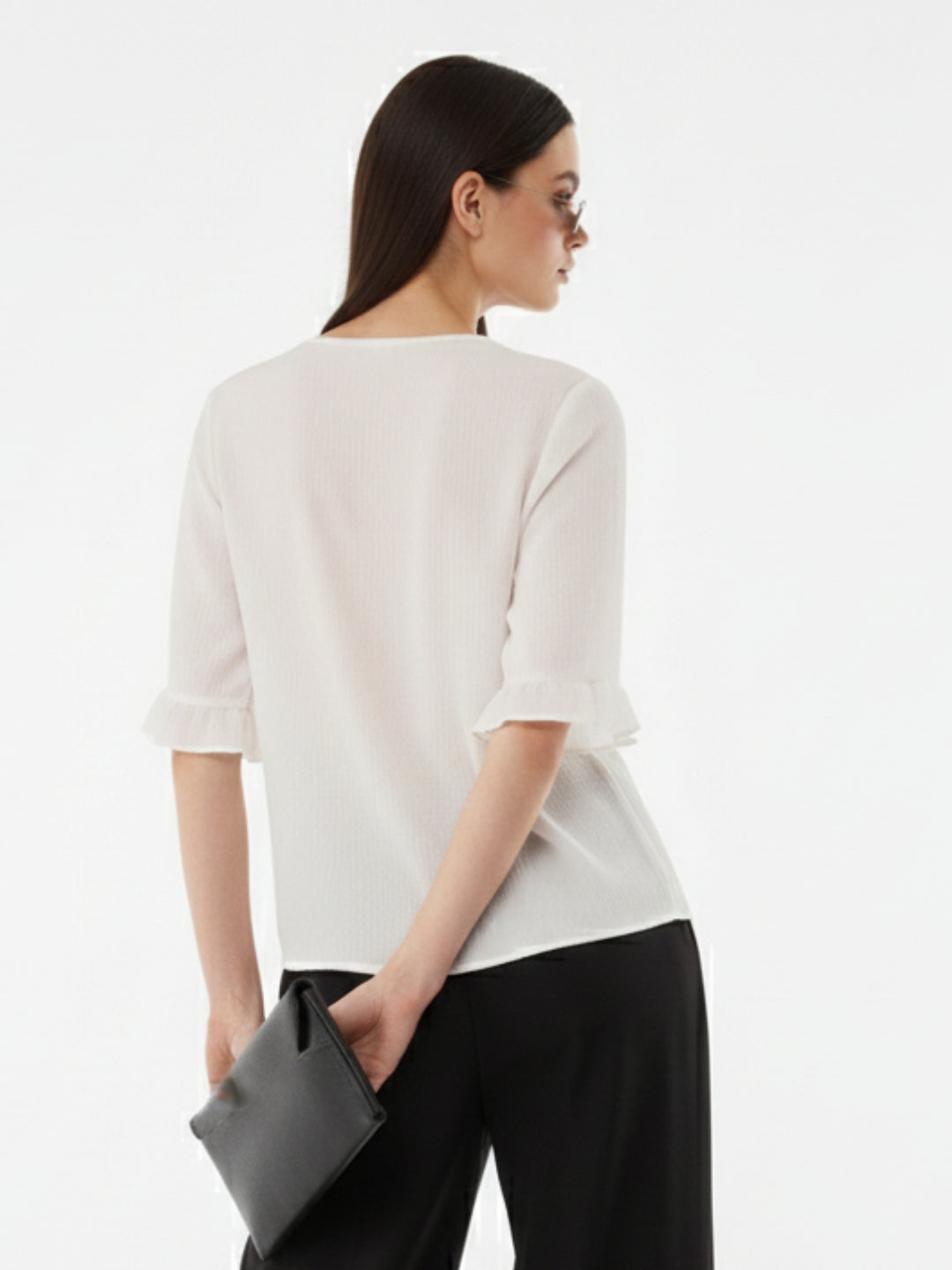 White Front Buttoned Top With Ruffle Detail On Sleeve