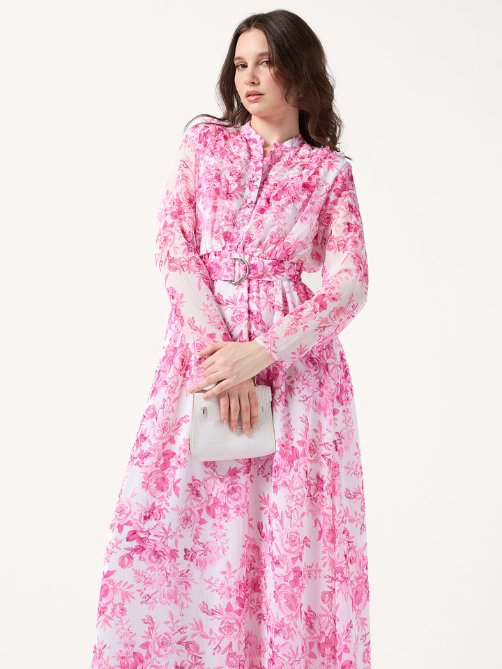 Pink Printed Flared Dress With Halter Neck With Belt Detail