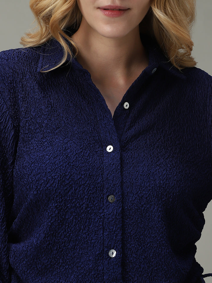 Navy Blue Textured Crop Shirt